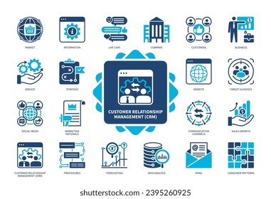 Customer relationship management CRM icon set. Business, Sales, Target Audience, Social Media, Forecasting, Information, Customers, Marketing Materials. Duotone color solid icons