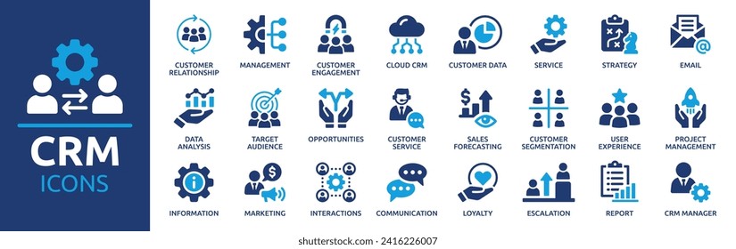 Customer relationship management CRM icon set. Containing marketing, data, report, strategy, manager, audience and more. Solid vector icons collection.