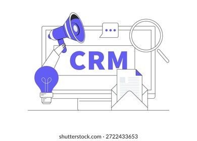 Customer Relationship Management oder CRM. Organisieren von Daten über die Arbeit mit Kunden, Corporate Strategy Planning, Business Data Analysis. Flache Cartoon-Vektorgrafik, Symbol Stilvolles abstraktes Design Zielseite Web