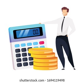 Customer relationship management flat concept vector illustration. Businessman with calculator 2D cartoon character for web design. Smiling male in official wear. Profit growth creative idea