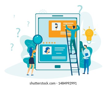 Customer Relationship Management Flat Illustration. HR Team, Analysts Cartoon Characters. CRM, User Support, People Studying Feedback. E business, Internet Chat Application Interface Development