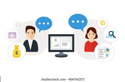 Customer Relationship Management, flat vector illustration. Client communicates with manager. Icons of client, manager, account system. CRM and account management concept.