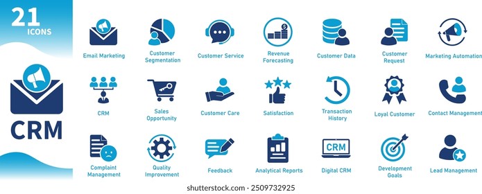 Customer relationship management icon. Collection of icons themed CRM, business, customer care, customer data. Solid vector icons.