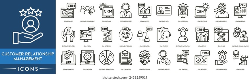 Symbol-Set für Customer Relationship Management. CRM-Datenbank, Kundenengagement, Software, Kundensupport, Analysen, Kundendaten, CRM-Integration und CRM-Lösungen