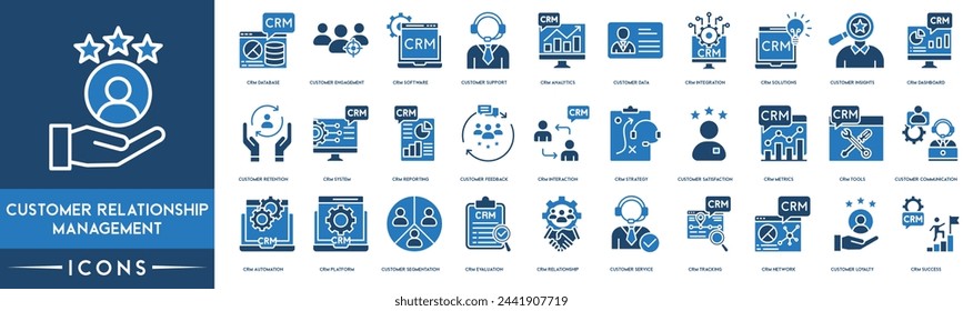 Symbol-Set für Customer Relationship Management. CRM-Datenbank, Kundenengagement, Software, Kundensupport, Analysen, Kundendaten, CRM-Integration und CRM-Lösungen