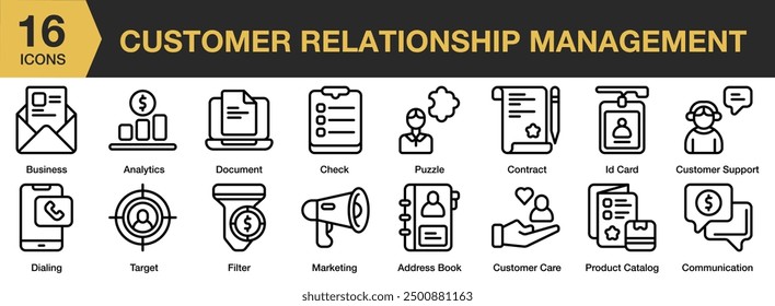 Conjunto de iconos de Cliente Relationship Management. Incluye libro de Dirección, atención al Cliente, tarjeta de identificación, catálogo de productos, marketing y más. Colección de Vector de iconos de contorno.