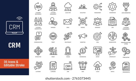 Customer Relationship Management Icon set. CRM icon set. Icons related to marketing, data, report, strategy, audience, manager, and more. Outline icon with Editable stroke. Vector illustration