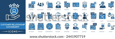 Customer Relationship Management icon set. CRM Database, Customer Engagement, Software, Customer Support, Analytics, Customer Data, CRM Integration and CRM Solutions icon
