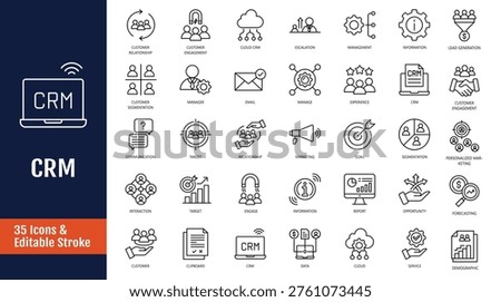 Customer Relationship Management Icon set. CRM icon set. Icons related to marketing, data, report, strategy, audience, manager, and more. Outline icon with Editable stroke. Vector illustration