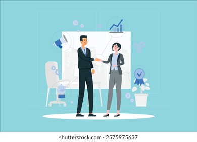 Customer Relationship Management Illustration of a handshake between a customer and a business representative, representing customer service, client relationships, and building trust.