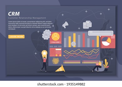 Customer relationship management illustration with landing page concept. CRM system, customer management, business development, Customer profile analysis. Flat design web banner template.
