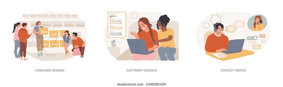 Customer relationship management isolated concept vector illustration set. Consumer demand, customer feedback, contact center, retail marketing, user support, market research vector concept.