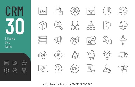 Customer Relationship Management Line Editable Icons. Vector illustration in a thin line style of business related icons: data analysis, marketing, and more. Isolated on white.