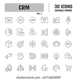 Editierbare Symbole für die Zeile Customer Relationship Management.  Enthält Datenanalyse, Marketing und mehr. Vektorgrafik