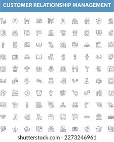 Customer relationship management line icons, signs set. CRM, Customers, Relationships, Management, Interactions, Communication, Marketing, Database, Loyalty outline vector illustrations.