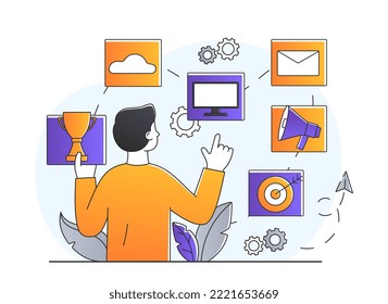 Kundenbeziehungsmanagement. Der Mensch wählt Waren und Dienstleistungen. SMM-Spezialist und Vermarkter analysiert Benutzerhobbys. Moderne Methoden der Werbung im Internet. Cartoon-Flavektor-Vektorgrafik