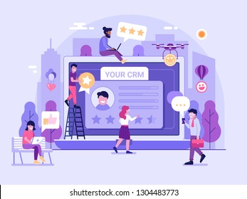 Customer relationship management platform concept with happy clients leaving positive feedback. CRM service page gathering positive user experience on database. Advertising and marketing illustration.