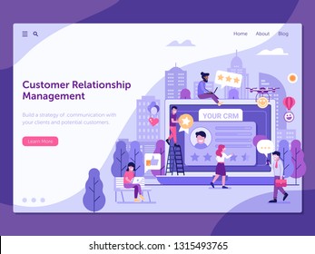 Customer relationship management platform landing page template with happy clients leaving positive feedback. CRM service web banner with people gathering positive user experience on database.