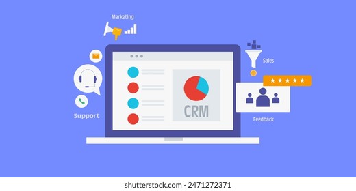 Customer relationship management software. CRM for sales, marketing and customer support. Business automation tool - vector illustration with icons