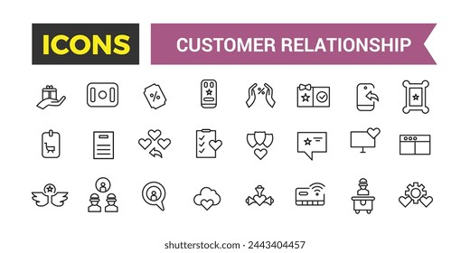 Customer relationship management software vector icons with editable stroke. Thin outline icons pack. Vector illustration.