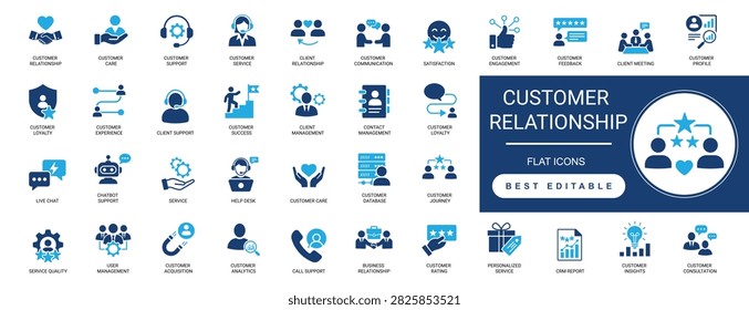 Customer relationship management solid icon set featuring customer care, support, loyalty, feedback, business interaction, and analytics symbols. Modern vector illustrations for digital platforms and business solutions. editable vector illustration.