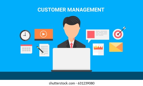 Customer relationship management, support, and service flat vector concept on blue background