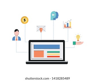 Customer relationship management system, crm concept with laptop and icon isolated on white background. Crm concept, business support, service and analysis of client, vector flat illustration.