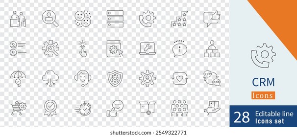 Conjunto de ícones de linha fina de gerenciamento de relacionamento com o cliente. opinião, qualidade, chamada, manuseio, interação, forma, estratégia e mais arte de linha