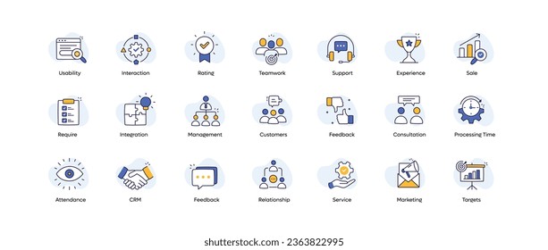 Iconos vectores de Gestión de Relaciones con el Cliente.Iconos CRM: Ventas, Gestión, Calificaciones, Objetivos, Marketing y más.