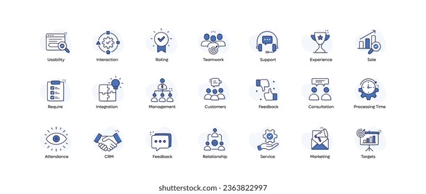 Customer Relationship Management Vector Icons.CRM Icons: Sales, Management, Ratings, Targets, Marketing, and More.