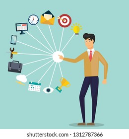 Customer Relationship Management vector illustration man with icons.