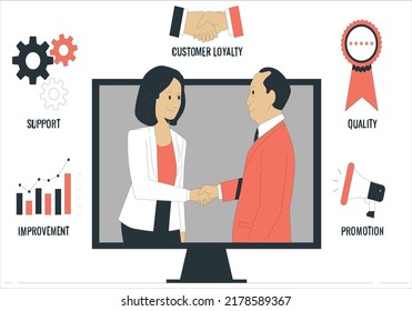 Customer Relationship Management vector illustration. accounting system, clients, support, deal. Organization of data on work with clients, CRM concept. Customer shaking hands feels satisfied.