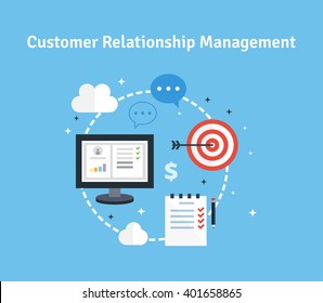 Customer Relationship Management. Vector illustration. Flat icons of target, objectives, support, deal.  Concept of the organization of data on work with clients. CRM and accounting system.