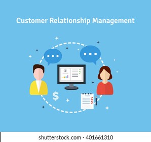Customer Relationship Management. Vector illustration. Concept of the organization of data on work with clients. CRM and accounting system.