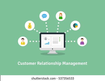 Customer Relationship Management vector illustration. Flat icons of accounting system, clients, support, deal. Organization of data on work with clients, CRM concept.