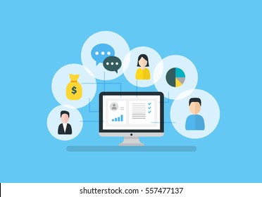 Customer Relationship Management vector illustration. Flat icons of accounting system, clients, support, deal. Organization of data on work with clients, CRM concept.