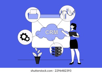 Customer relationship management web concept with character scene in flat design. People using CRM tools for planning strategy and working. Vector illustration for social media marketing material.