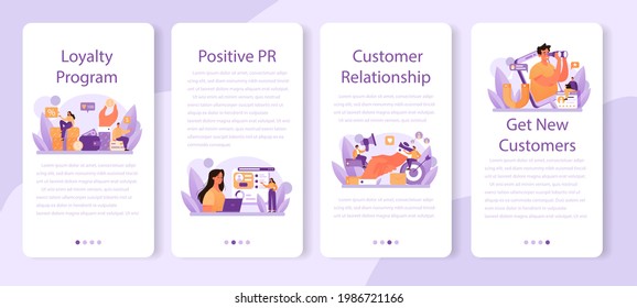 Conjunto de banners de aplicación móvil de relación con el cliente. Programa comercial para la retención de clientes. Campaña de relaciones públicas para la lealtad al cliente. Idea de comunicación de marketing. Ilustración vectorial plana