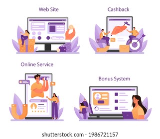 Customer relationship online service or platform set. Commercial program for client retention. PR campaign for customer loyalty. Bonus system, cashback, website. Flat vector illustration