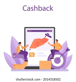 Customer relationship online service or platform. Commercial program for client retention. PR campaign for customer loyalty. Cashback. Flat vector illustration