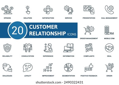 Conjunto de iconos de línea fina de relación de Clientes. Opinión, solución, satisfacción, servicio, presentación, gestión de llamadas, gestión de pedidos, CRM móvil, fiabilidad, iconos de consulta y más