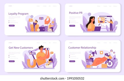 Customer relationship web banner or landing page set. Commercial program for client retention. PR campaign for customer loyalty. Idea of marketing communication. Flat vector illustration
