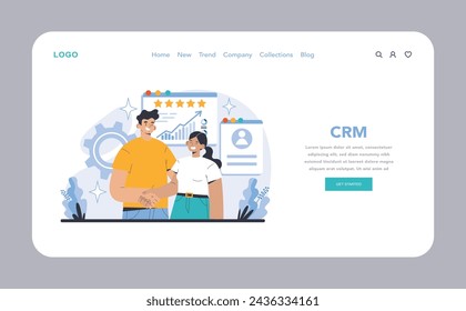 Customer Relationship web or landing page. Illustration of effective CRM strategy and analysis. Teamwork in client satisfaction and retention. Monitoring customer journey and feedback.