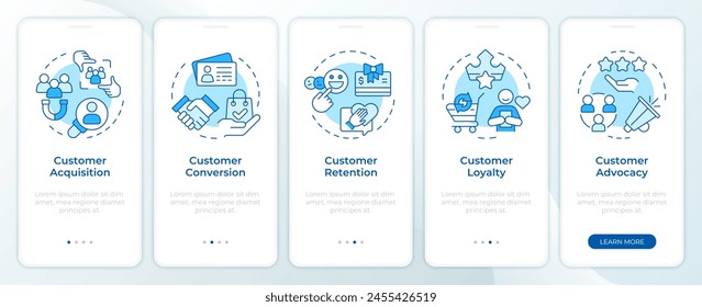 Cliente relaciones azul onboarding pantalla del App móvil. Tutorial 5 pasos: instrucciones gráficas editables con conceptos lineales. UI, UX, Plantilla GUI. Montserrat SemiBold, Fuentes regulares utilizadas