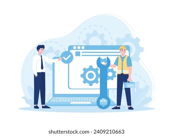 El cliente repara el portátil en una ilustración plana de concepto del técnico de servicio