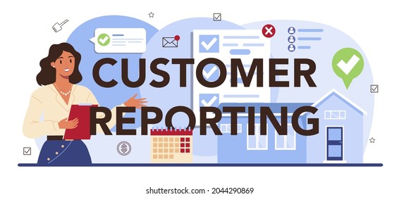 Customer reporting typographic header. Real estate industry, low comission for real estate agent work. Qualified real estate agent or broker service. Customer loyalty program. Flat vector illustration