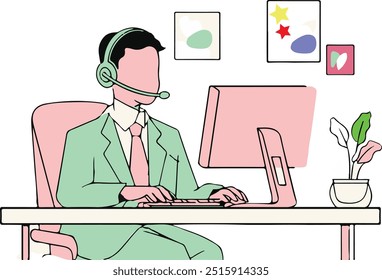 Cliente Representante plana illustration.Call center Asistencia al cliente en línea personas concepto de operador en estilo plano. Hombre sentado con ordenadores portátiles y auriculares