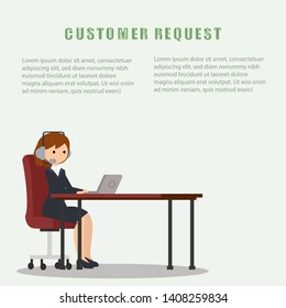 Customer request concept. Customer service operator. Businesswoman working in headset with laptop computer. Call center concept. Flat style vector illustration isolated on white background
