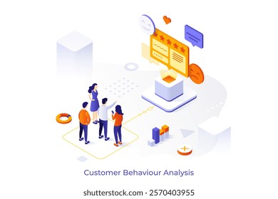 Customer research isometric conceptual template. Target audience researching webpage design vector illustration. Build positive relationship with consumers. Creative ideas for teamwork