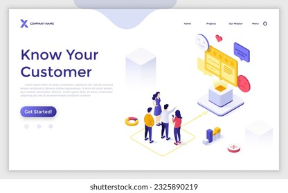 Plantilla de la página de inicio isométrica de la investigación del cliente. Público objetivo investigando la ilustración vectorial de diseño de páginas web. Construir una relación positiva con los consumidores. Ideas creativas para el trabajo en equipo